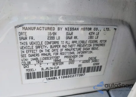 2005 Nissan Altima 3.5 Sl z USA, uszkodzony, nr VIN 1N4BL11D65C277397